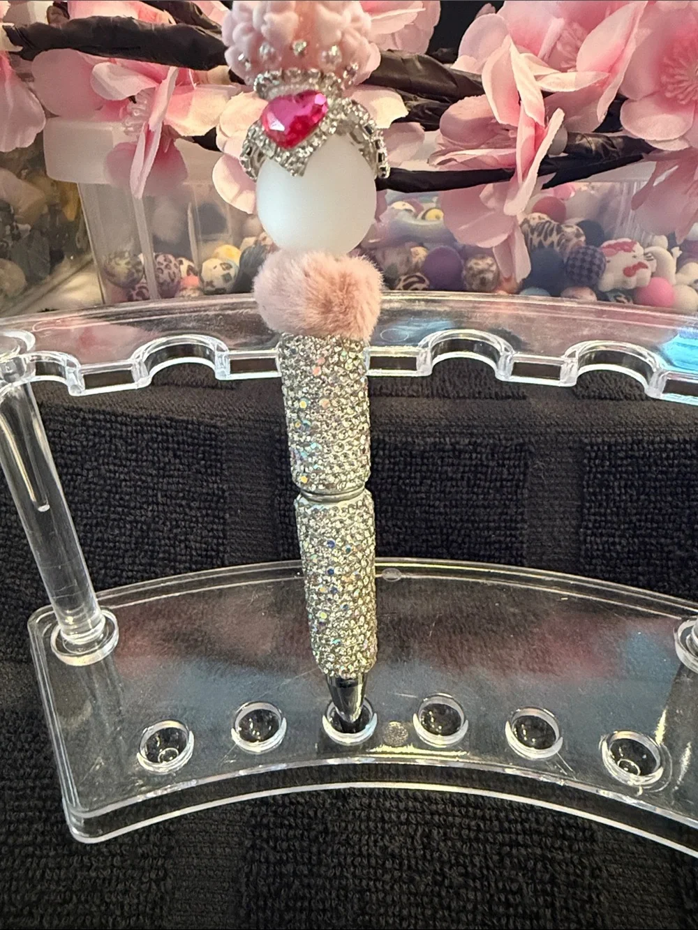 Sparkling Pink Beaded Decorative Pen with Heart Charm